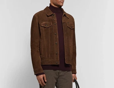 Men Dark Brown Pure Suede Leather Jacket Slim Fit Trucker Jacket Custom Size L - Image 1 of 3