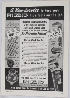 Vintage 1942 RIDGID Wrench Tool Print Ad - Imagem 1 de 3