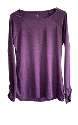 NUEVO CON ETIQUETAS Camisa de Yoga Gaiam Para Mujer Púrpura Mangas Largas Reunida Tacto Suave Dos Tonos Foto 1 de 4