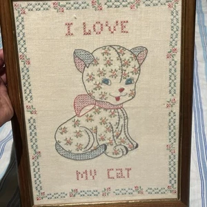 Prim Framed I Love My Cat Cross Stitch Calico Kitty Cat Kitten Picture Artwork - Picture 1 of 7