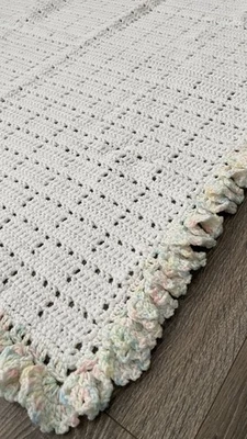 Vintage Crochet Baby Blanket White Pastel Ruffle Border Handmade Afghan 37x44 - Image 1 of 4