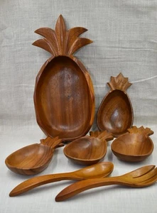 Monkey Pod Wood Pineapple Bowls Serving Utensils Salad Desset Tiki 7 PC MCM 1970 - Picture 1 of 19