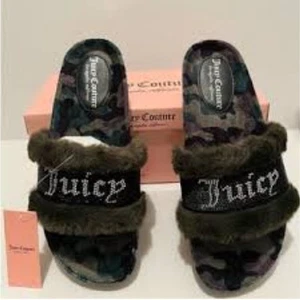 Juicy Couture JC Siren Slide Slippers Faux Fur Camo Bling Size 6M - Picture 1 of 8