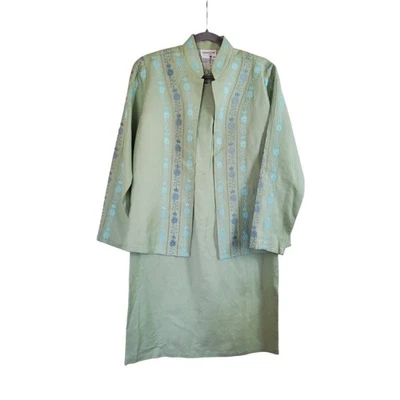 Coldwater Creek Linen Dress Jacket Set Sage Green Embroidered Two Pieces, Size 6 - Image 1 of 4