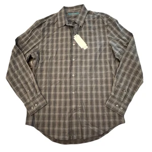 Perry Ellis Shirt Mens Size Medium Long Sleeve Gray Plaid 100% Cotton Poplin NEW - Picture 1 of 16