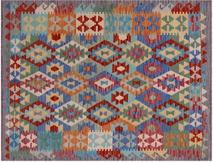 5' 1" X 6' 4" Reversible Wool On Wool Flat Weave Kilim Rug - Q17485 - Picture 1 of 8