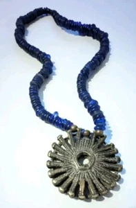 Vintage AFRICAN Disk NECKLACE blue Dutch DOGON Donut Trade Glass Bead 12mms MALI - Picture 1 of 9