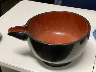 ANTIQUE JAPANESE LACQUER WOOD red Katakuchi ceremonial SAKE bowl spout 9.5" - Image 1 of 4