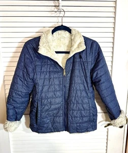 The North Face Reversible Jacket Girls Size Large 14/16 Blue Beige EUC - Picture 1 of 16