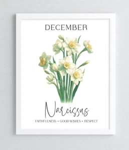 Birth Month Flower Art Print December, Narcissus Wall Art Decor, Home Decor - Picture 1 of 2