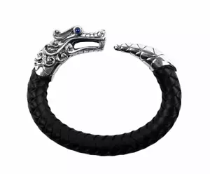 JOHN HARDY LEGENDS NAGA BLACK 10 mm LEATHER ST. SILVER FLEX BRACELET SZ M-L NEW - Picture 1 of 5