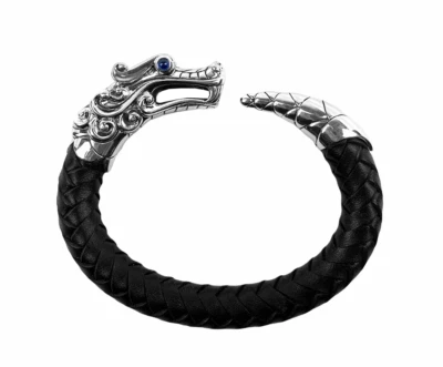 JOHN HARDY LEGENDS NAGA BLACK 10 mm LEATHER ST. SILVER FLEX BRACELET SZ M-L NEW - Image 1 of 4