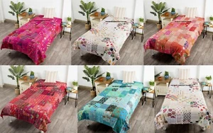 Indian Silk Embroidery Quilt Throw Blanket Twin Size Patchwork Silk Kantha Quilt - Picture 1 of 19