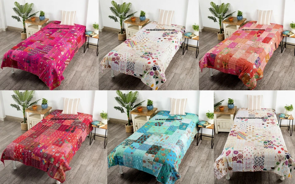 Indio Seda Bordado Colcha Manta Doble Tamaño Patchwork Seda Kantha Edredón - Imagen 1 de 1