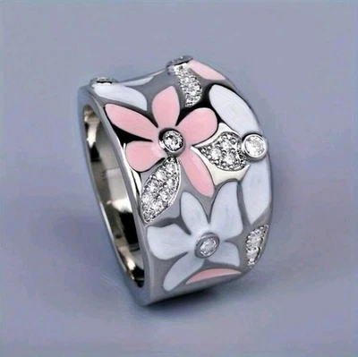 Anillo de circonita cúbica con micro incrustaciones y resina floral esmaltada de zinc plateado talla 5 Foto 1 de 3