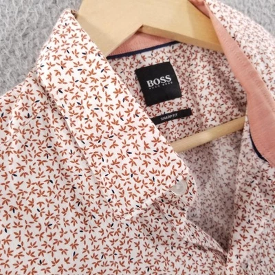 Boss Hugo Boss Shirt Men Medium White Floral Sharp Fit Long Sleeve Cotton Robbie - Image 1 of 4