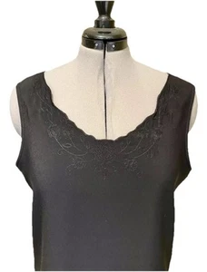 Womens Black Silky Summer Top Vest Camisole UK20 Canda/C&A Super Embroidery Trim - Picture 1 of 7