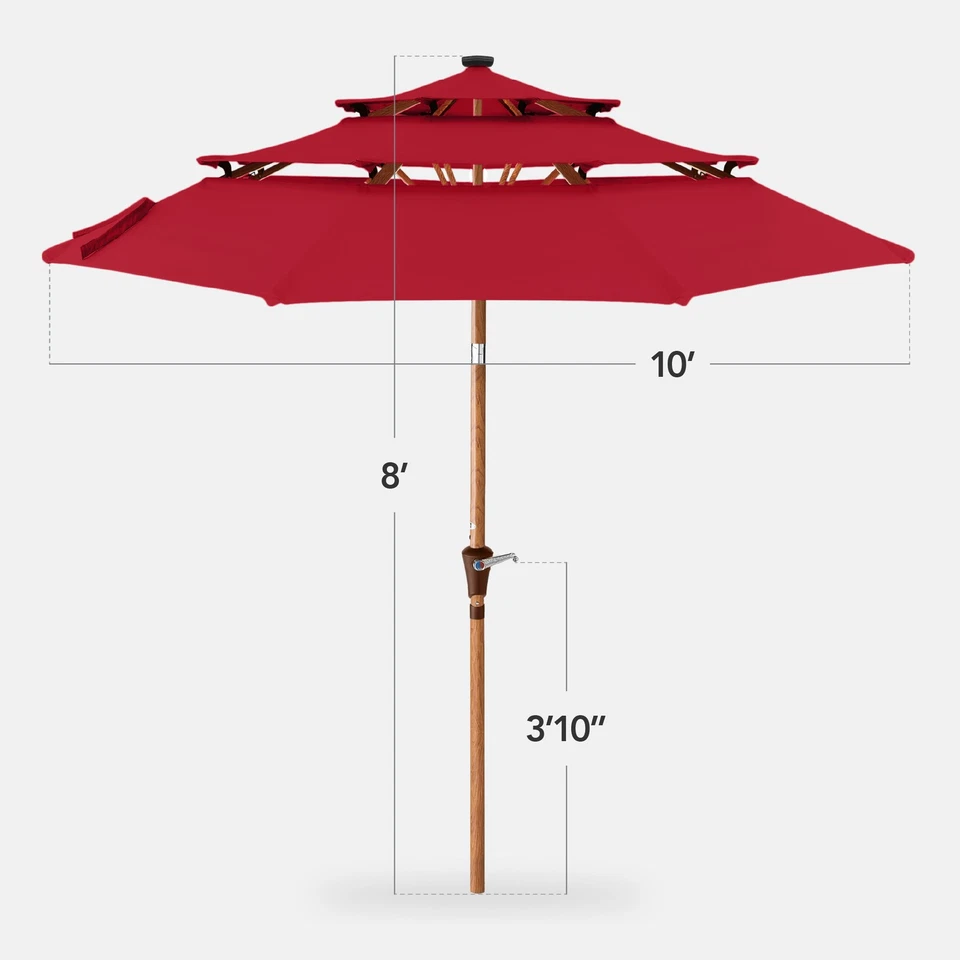 3-Tier Woodgrain Pattern Solar Patio Umbrella, Tilt Adjustment - 10ft - Image 1 of 1