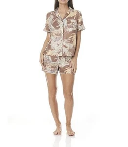 Womens Gingerlilly Elsa Caramel Palm Satin Short Summer Pyjama Set - Picture 1 of 5