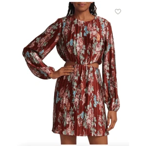 WAYF red floral pleated cut out mini dress puff sleeve womans XS GUC - Picture 1 of 17