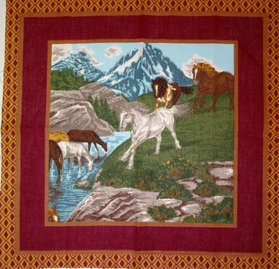 "Herd of Horses" - Maroon/Gold Border - Cotton Fabric Panel     1l.25"x11" - Image 1 of 2