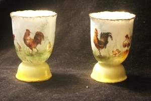 LIMOGES HAND PAINTED PAIR OF EGG CUPS - ROOSTER AND CHICKENS - Picture 1 of 5