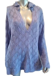 Sigrid Olsen-Lilac Pointelle Open Knit Hoodie Tunic Leaf Design Cozy Classic Lg - Picture 1 of 11