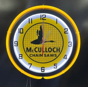 Reloj de Pared 19" McCULLOCH Motosierra Mate Negro Amarillo Doble Neón Hombre Cueva - Imagen 1 de 3