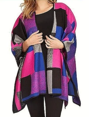 CHAUS Parisian Glamour Plush Geo Print Poncho Cardigan Sweater Jacket Womens S M - Image 1 of 4