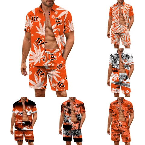 Cincinnati Bengals Mens Hawaiian Outfits Button Down Casual Tops Pockets Shorts Cover