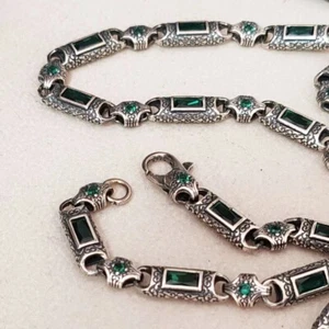 Men Vintage 925 Sterling Silver Green Zircon Chain Necklace Retro Jewelry 23.6" - Picture 1 of 7