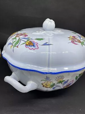 Soupiere Faiencerie Gien France Bleue Pomme Fleur Ancienne 25cm - Photo 1/4