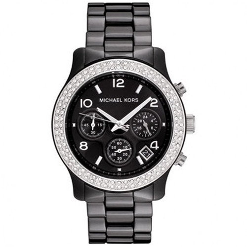 NUOVO OROLOGIO MICHAEL KORS RUNWAY TONO NERO CINTURINO NERO CERAMICA CRISTALLI MK5190