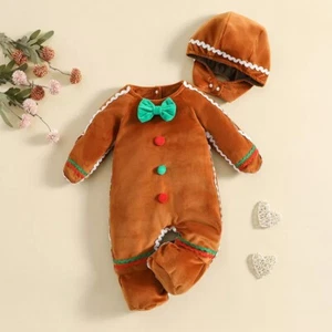 NEW Christmas Gingerbread Man Baby Boy Girl Velour Romper Jumpsuit - Picture 1 of 6