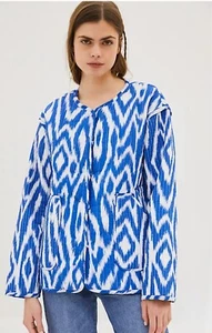 Anthropologie Quilted Jacket Nora Blue White Womens size Oversized SMALL - Picture 1 of 7
