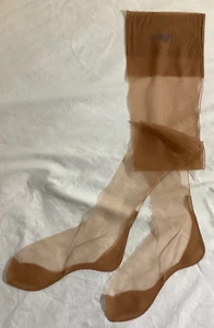 VTG Sheer Garter Stockings Full Fashioned Flat Knit Irregular Beige Cuban 9 1/2 - Picture 1 of 13