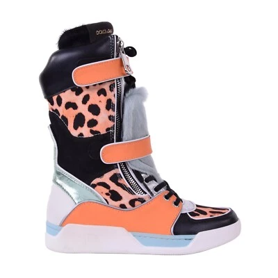 DOLCE & GABBANA Patchwork Leather Fur High-Top Sneaker Boots Orange Black 05874 - Image 1 of 4