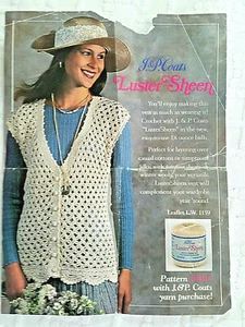 J P Coats 1159 LACE VEST crochet 2pg leaflet (6.5x8.5") Luster Sheen 1993 - Picture 1 of 4