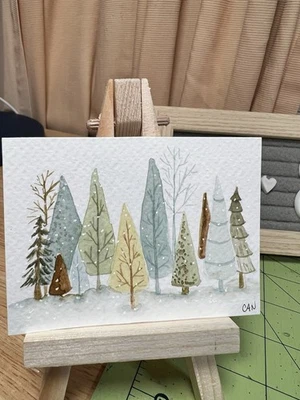 Pintura original ACEO/ATC 2,5 x 3,5 pulgadas Pinos estilizados en acuarela Foto 1 de 2