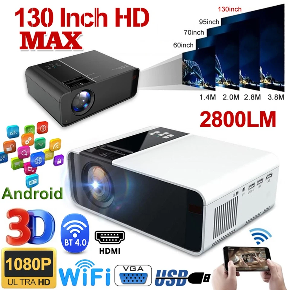 LED Android Projector 4K 1080P FHD 5G WiFi Bluetooth Video Home Theater HDMI AV - Image 1 of 4
