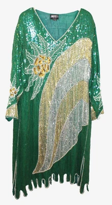 vintage Anjumun California green silk beaded sequined gown dress formal *READ* - Image 1 of 4