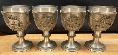 Juego de cuatro copas de vino/cáliz SKS 95% estaño peltre barcos náuticos Foto 1 de 4