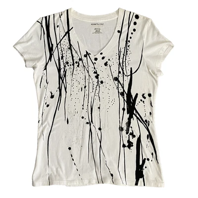 Camiseta Kenneth Cole Reaction Blanca Plata Negra Abstracta Mujer Manga M Gorra Foto 1 de 4