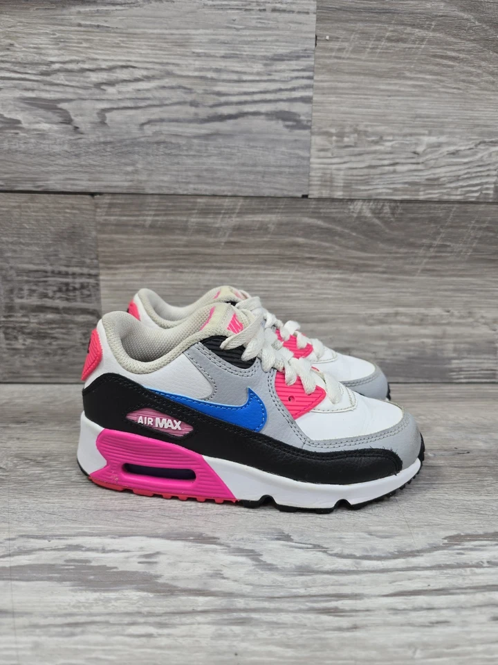 Nike Air Max 90 Leather GS White Photo Blue Pink Youth Girls Size 11C Shoes - Image 1 of 4