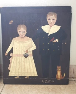 Arthur Glazier Fork Art Painting on Repurpose Board "A GIRL & A BOY" - Picture 1 of 7