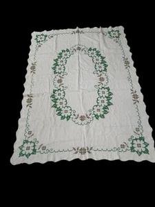 VTG Embroidered Handmade Tablecloth With Crocheted Edges. Green & Ivory Linen - Picture 1 of 8