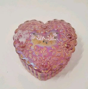 Fenton Hand Painted Pink Iridescent Heart Shaped Glass Trinket Box - Picture 1 of 5