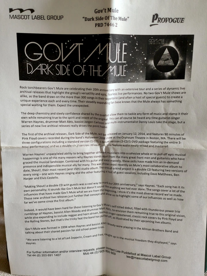 Gov't Mule-Dark Side Of The Mule- Promotional Copy 3CD & DVD & Press Release - Image 1 of 4