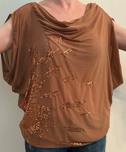 Popsy Women's Sheer Top Blouse Sz.L Brown Color Sequins Stretch - Picture 1 of 24