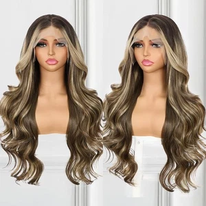 Highlight Brown Lace Front Wig for Women 13x4 Body Wave Synthetic Wigs Balaya... - Picture 1 of 8